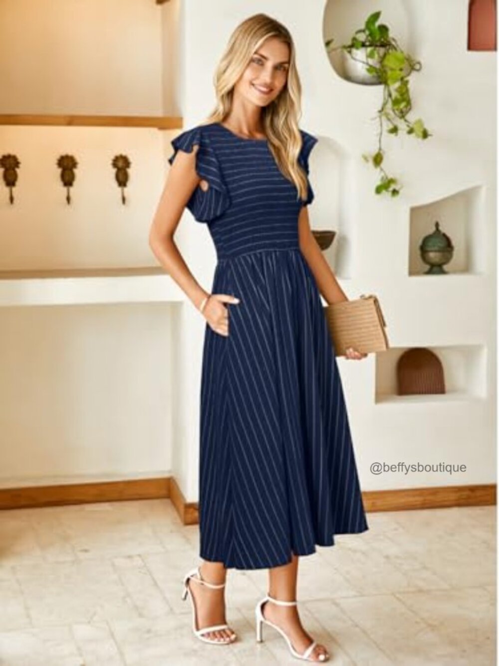 Linen Smocked Midi Dress with Pockets Flutter Sleeve Flowy Casual - Picture 5 of 7